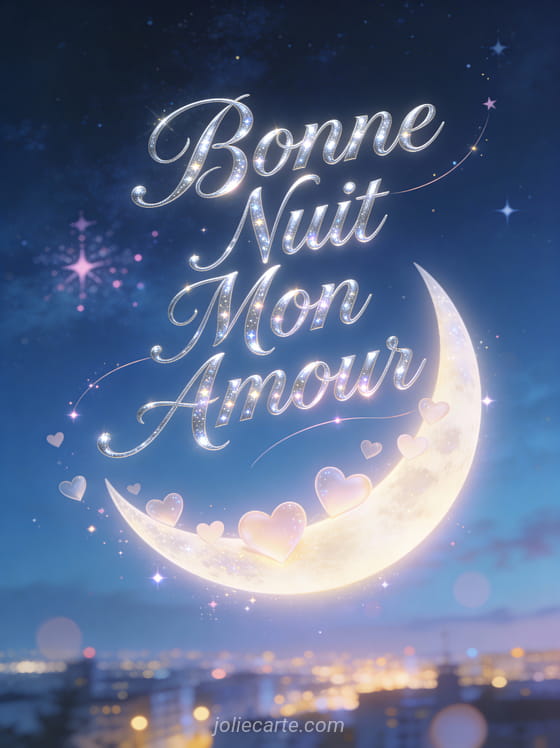 Croissant de lune lumineux avec des cœurs flottants sur ciel étoilé et le texte Bonne Nuit Mon Amour