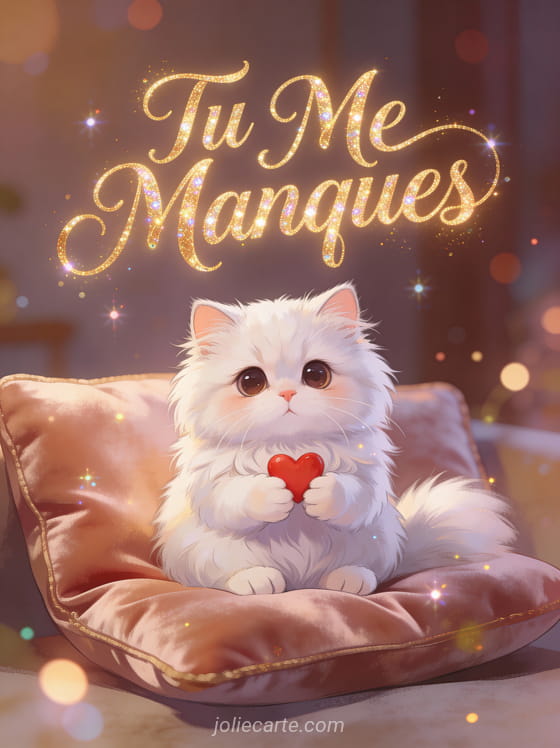 Chat persan blanc aux grands yeux tristes tenant un petit cœur rouge sur un coussin velours avec le texte Tu Me Manques