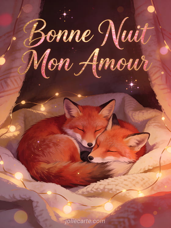 Couple de renards roux endormis ensemble dans un nid douillet avec guirlandes lumineuses et texte Bonne Nuit Mon Amour