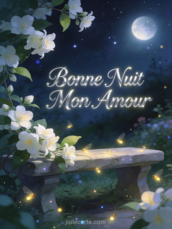 Jardin nocturne avec jasmin en fleurs lucioles dansantes sous les étoiles texte Bonne Nuit Mon Amour