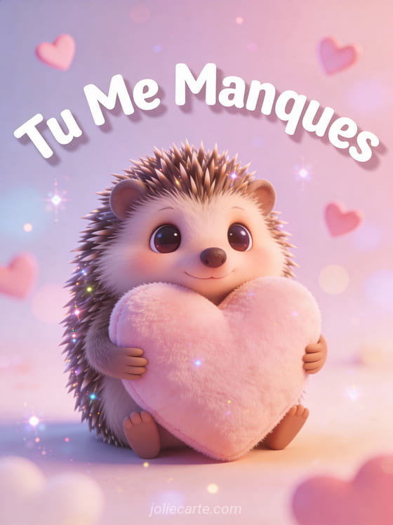 Hérisson 3D mignon serrant un coussin cœur dans ses bras avec grands yeux émus sur fond pastel avec le texte Tu Me Manques