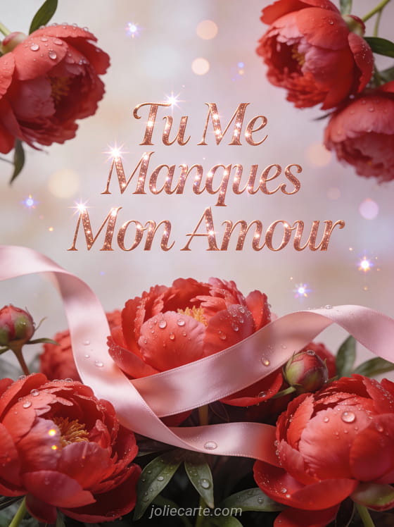 Bouquet de pivoines rouges avec gouttes de rosée et ruban de soie rose sur fond romantique avec le texte Tu Me Manques Mon Amour