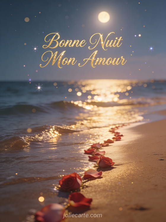 Plage nocturne avec vagues au clair de lune et pétales de roses sur le sable texte Bonne Nuit Mon Amour