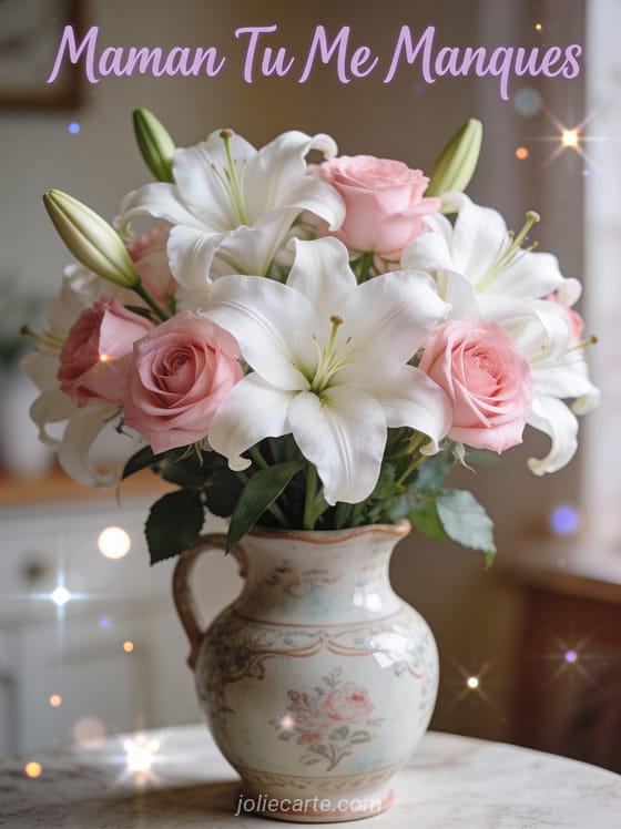 Bouquet de lys blancs et roses roses dans un vase céramique vintage avec lumière douce et texte Maman Tu Me Manques