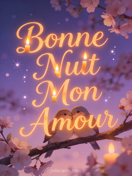 Deux oiseaux blottis sur branche de cerisier en fleurs au crépuscule violet texte Bonne Nuit Mon Amour