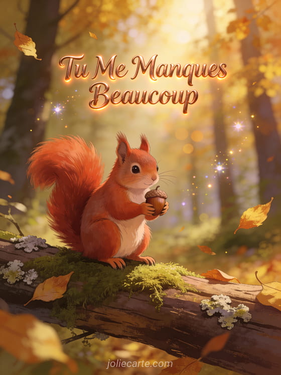 Écureuil roux sur un tronc moussu tenant un gland avec feuilles dorées d'automne et texte Tu Me Manques Beaucoup