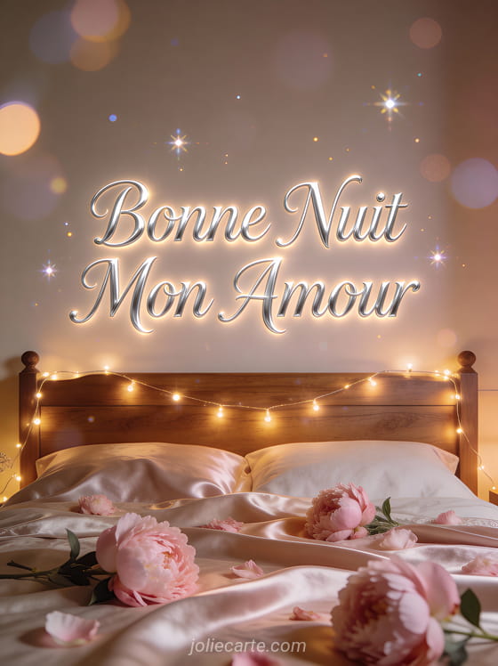 Chambre cosy avec guirlandes lumineuses et pivoines roses sur draps de soie texte Bonne Nuit Mon Amour
