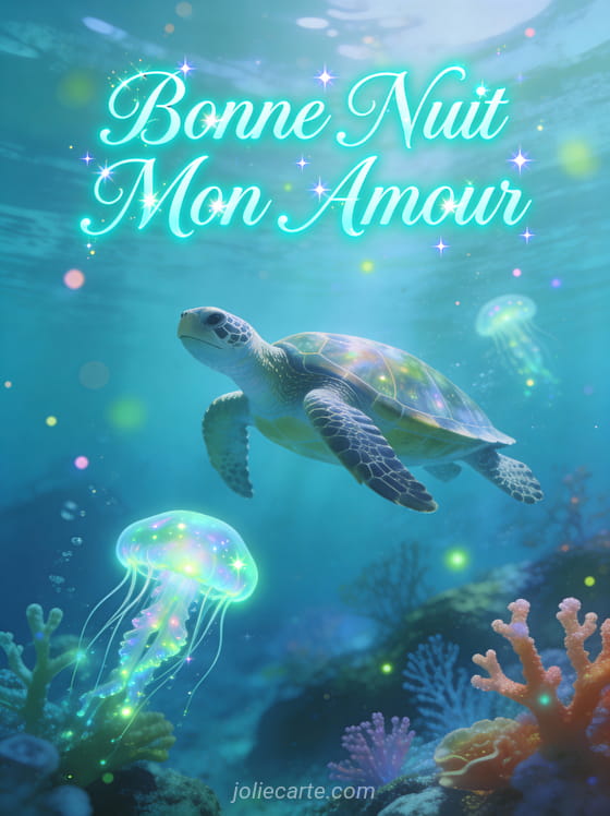Tortue marine nageant parmi méduses bioluminescentes et coraux texte Bonne Nuit Mon Amour