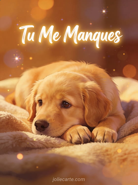 Chiot golden retriever aux yeux tristes couché sur une couverture douillette avec texte Tu Me Manques