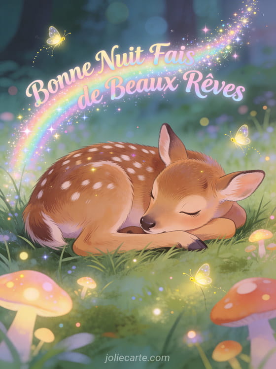 Faon endormi dans prairie enchantée avec champignons lumineux et lucioles texte Bonne Nuit Fais de Beaux Rêves