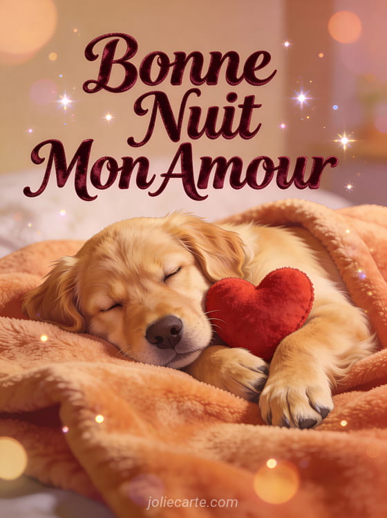Chiot golden retriever endormi avec peluche cœur rouge sur couverture douce texte Bonne Nuit Mon Amour