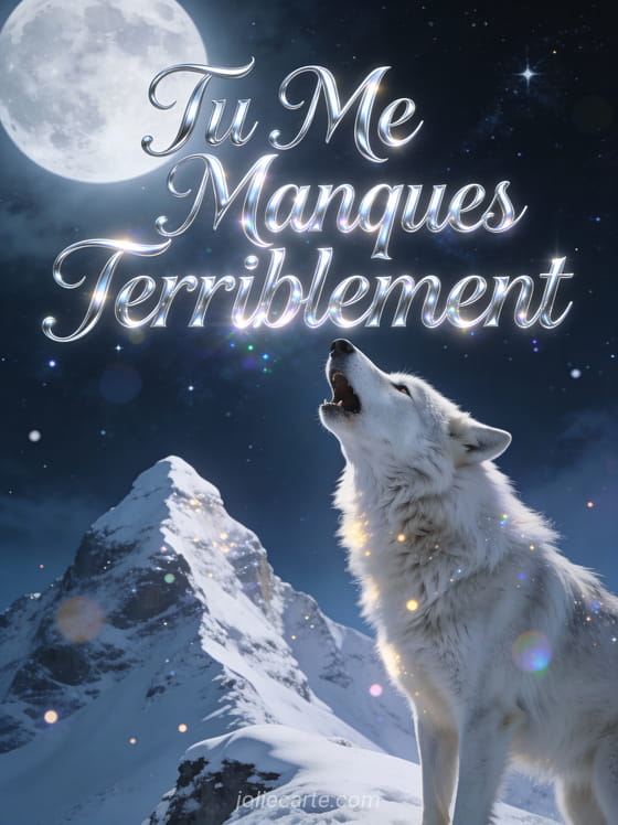Loup blanc majestueux hurlant à la pleine lune sur un sommet enneigé avec ciel étoilé et texte Tu Me Manques Terriblement