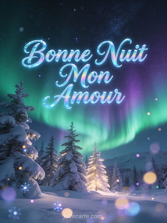 Aurore boréale au-dessus de sapins enneigés dans paysage hivernal nocturne texte Bonne Nuit Mon Amour