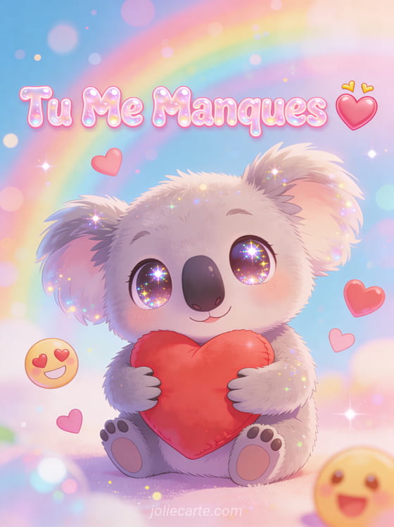 Koala kawaii aux grands yeux brillants serrant un coussin cœur rouge sur fond pastel arc-en-ciel avec emojis et texte Tu Me Manques