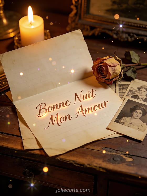 Lettre d'amour vintage avec rose séchée et bougie sur bureau ancien texte Bonne Nuit Mon Amour