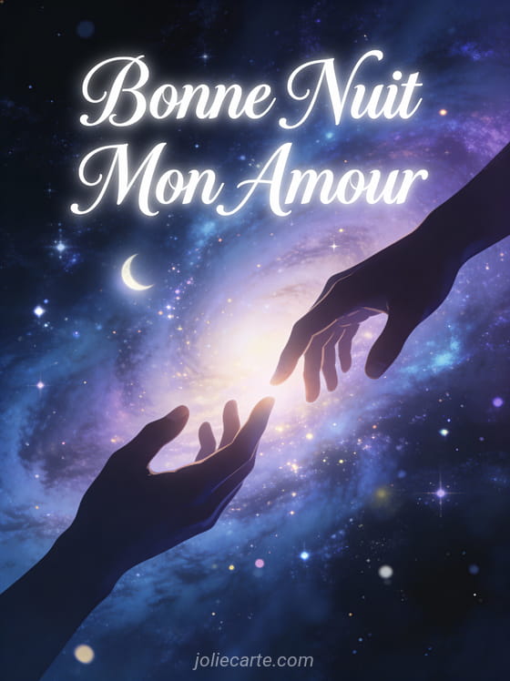 Deux mains silhouettées se tendant à travers galaxie étoilée et nébuleuses texte Bonne Nuit Mon Amour