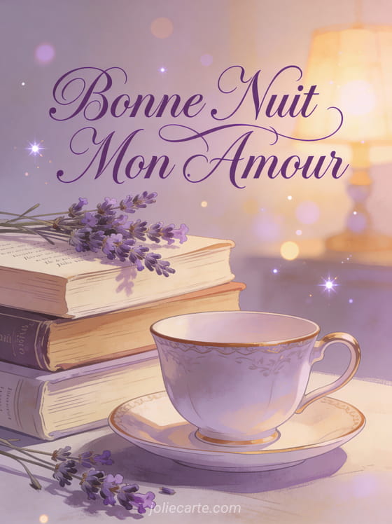 Livres de poésie vintage avec brins de lavande et tasse de thé sous lampe douce texte Bonne Nuit Mon Amour