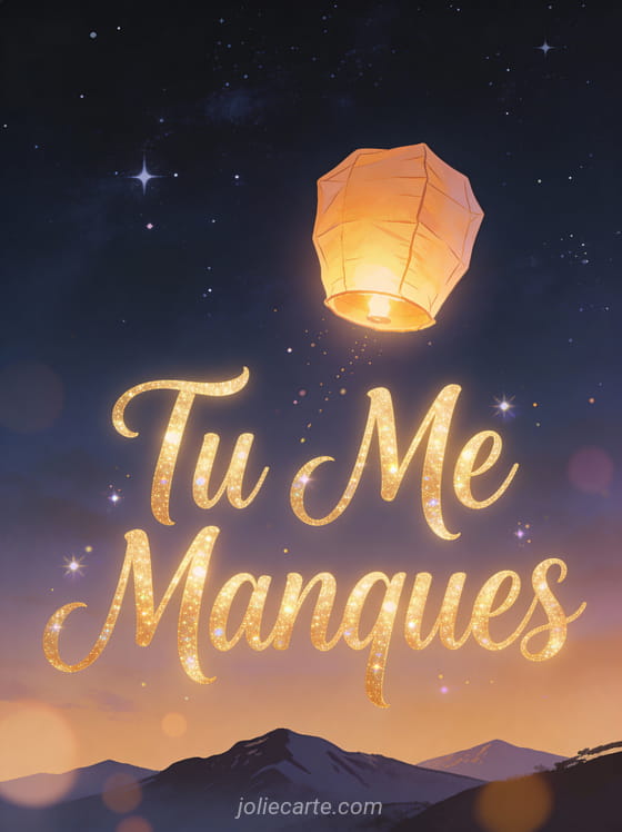 Lanterne en papier lumineuse s'élevant dans le ciel étoilé avec silhouette de montagnes et texte Tu Me Manques