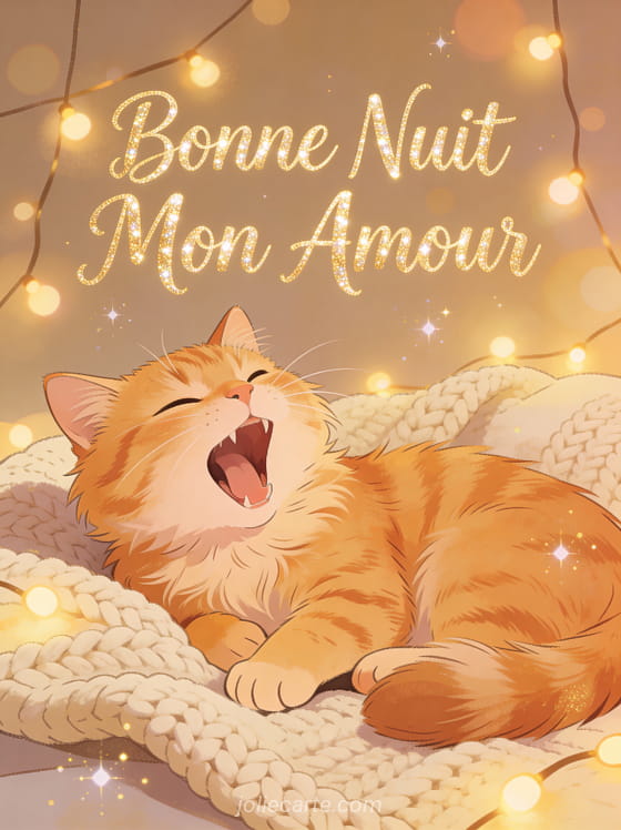 Chat roux tigré bâillant sur couverture tricotée avec guirlandes lumineuses texte Bonne Nuit Mon Amour