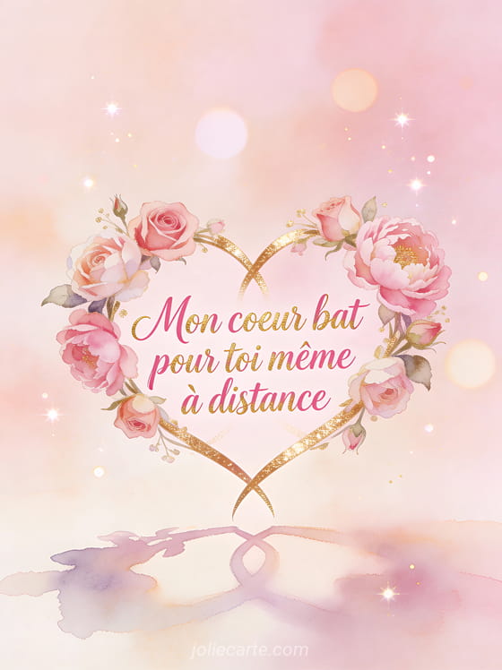 Deux cœurs entrelacés composés de roses et pivoines aquarelle sur fond pastel romantique avec citation d'amour