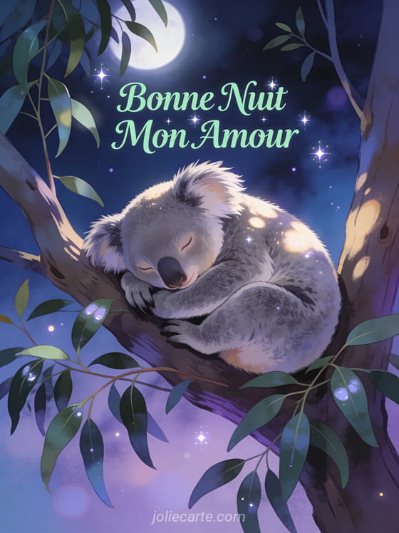 Koala endormi dans eucalyptus avec clair de lune filtrant à travers les feuilles texte Bonne Nuit Mon Amour