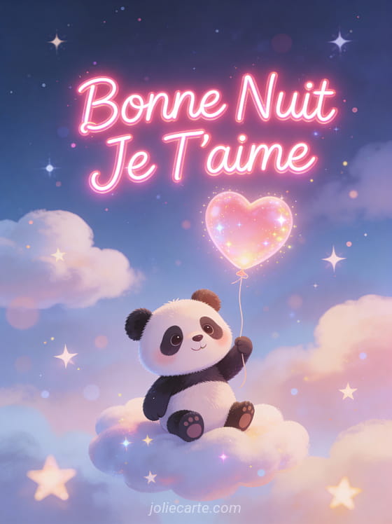 Panda cartoon tenant ballon cœur lumineux flottant parmi nuages et étoiles texte Bonne Nuit Je T'aime