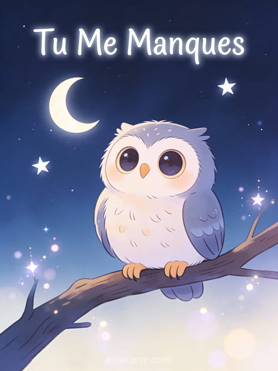 Hibou mignon illustré sur une branche la nuit avec grands yeux ronds croissant de lune et étoiles et texte Tu Me Manques