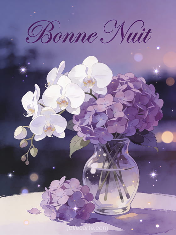 Orchidées blanches et hortensias violets dans vase en verre lumière du soir texte Bonne Nuit