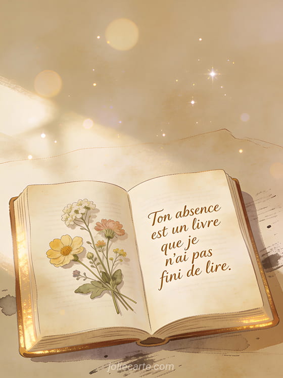 Livre ancien ouvert avec fleurs pressées entre les pages dans une lumière d'après-midi douce avec poème sur l'absence