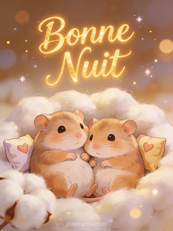 Deux hamsters câlins dans nid de coton avec coussins cœur texte Bonne Nuit