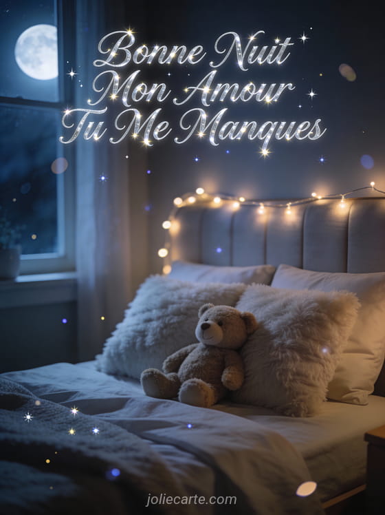 Scène de chambre cosy avec guirlandes lumineuses oreillers moelleux et petit ourson en peluche avec texte Bonne Nuit Mon Amour Tu Me Manques