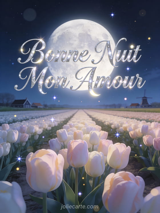 Champ de tulipes pastel sous pleine lune levante dans campagne nocturne texte Bonne Nuit Mon Amour
