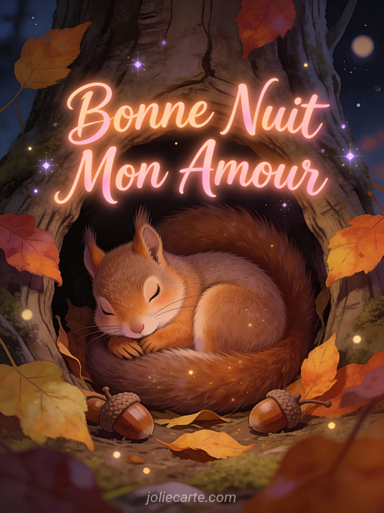 Écureuil roux endormi dans creux d'arbre avec glands et feuilles d'automne texte Bonne Nuit Mon Amour