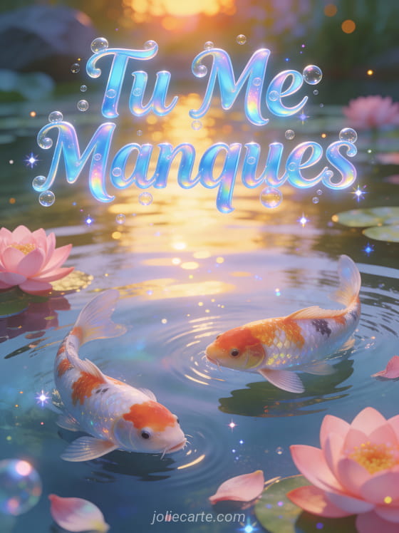 Deux carpes koï nageant en sens opposés dans un étang magique avec lotus roses et reflets dorés et texte Tu Me Manques