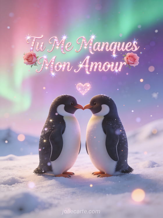 Couple de pingouins 3D se touchant le bec en forme de cœur sur fond de neige et aurores boréales avec texte Tu Me Manques Mon Amour