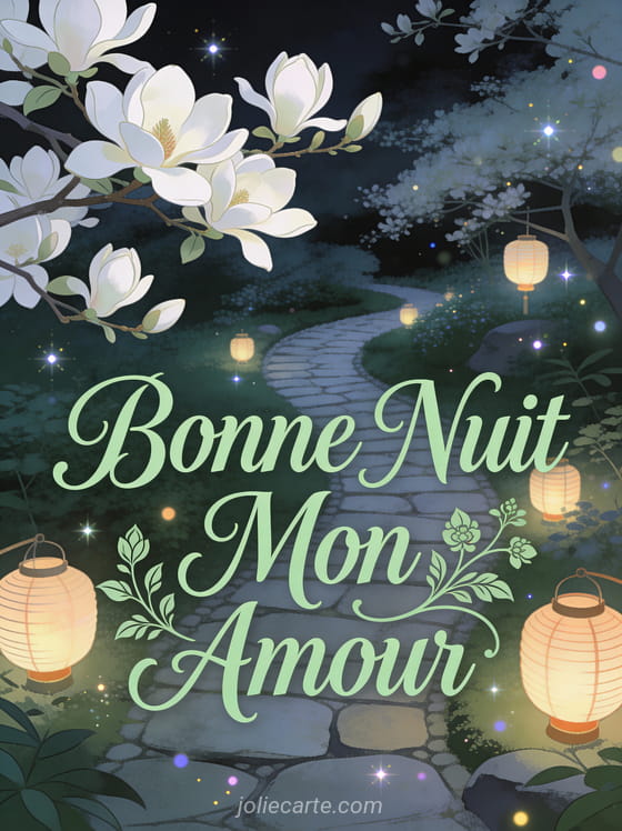 Jardin nocturne avec magnolias blancs et lanternes en papier sur sentier de pierre texte Bonne Nuit Mon Amour