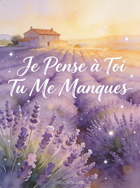 Champ de lavande violette à l'heure dorée avec ferme provençale au loin et texte Je Pense à Toi Tu Me Manques
