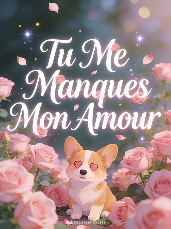 Corgi mignon illustré aux yeux en forme de cœur assis parmi des roses roses avec texte Tu Me Manques Mon Amour