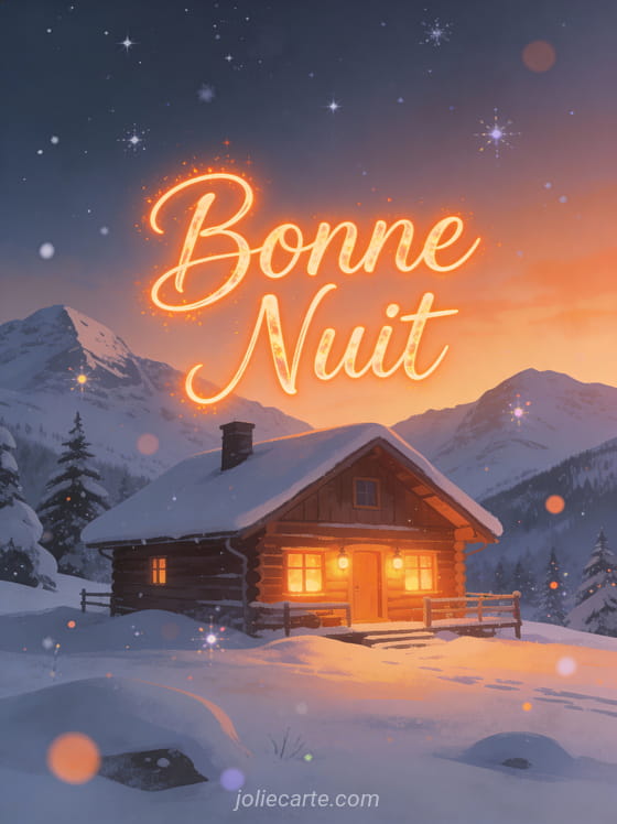 Chalet éclairé dans montagnes enneigées sous ciel étoilé hivernal texte Bonne Nuit