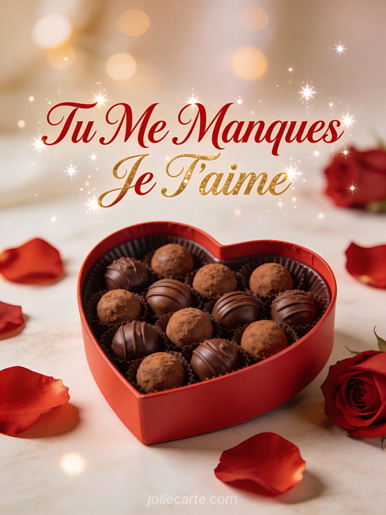 Boîte en forme de cœur remplie de chocolats avec pétales de roses rouges éparpillés et texte Tu Me Manques Je T'aime