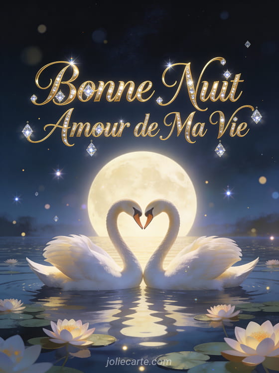 Couple de cygnes formant cœur sur lac aux nénuphars au clair de lune texte Bonne Nuit Amour de Ma Vie