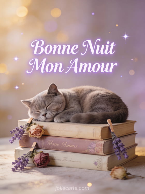 Chat british shorthair endormi sur livres romantiques anciens avec fleurs séchées texte Bonne Nuit Mon Amour