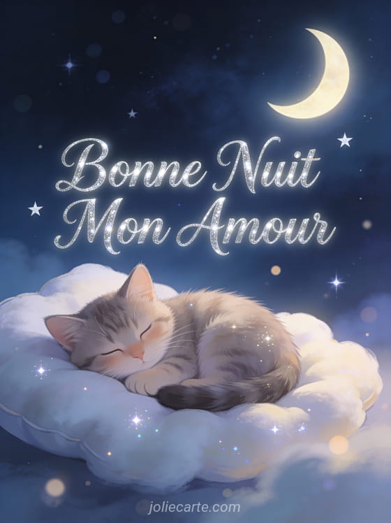 Chaton endormi enroulé sur un coussin nuage avec croissant de lune et étoiles et texte Bonne Nuit Mon Amour
