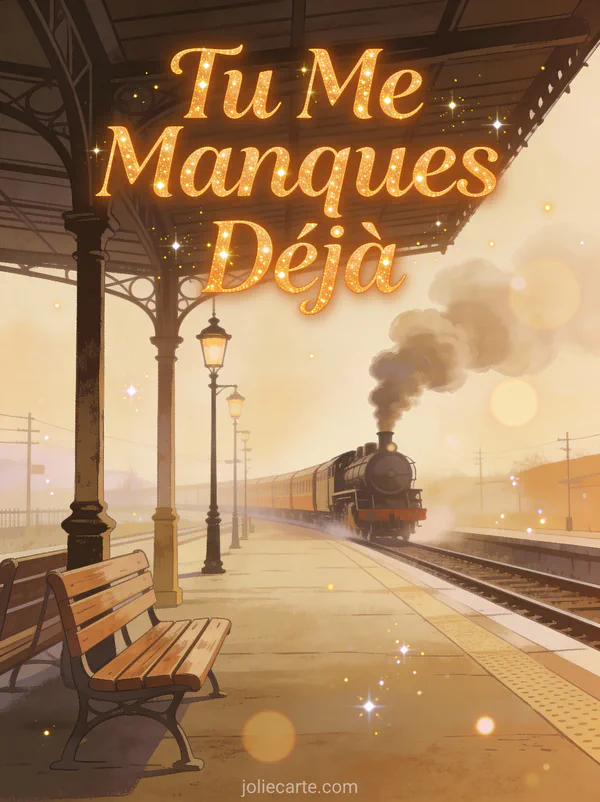 Quai de gare vintage avec locomotive à vapeur s'éloignant dans la brume tons sépia nostalgiques et texte Tu Me Manques Déjà