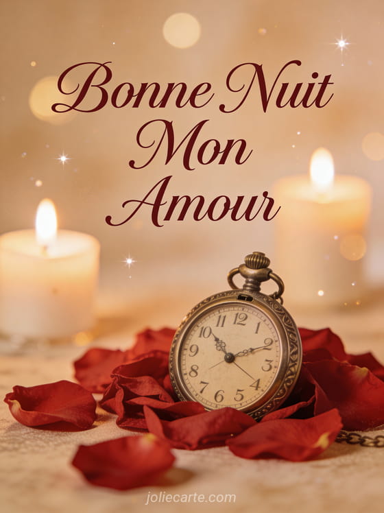 Montre à gousset antique sur pétales de roses rouges à la lueur d'une bougie texte Bonne Nuit Mon Amour