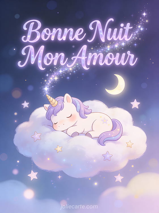 Licorne cartoon endormie sur nuage avec étoiles et croissant de lune texte Bonne Nuit Mon Amour