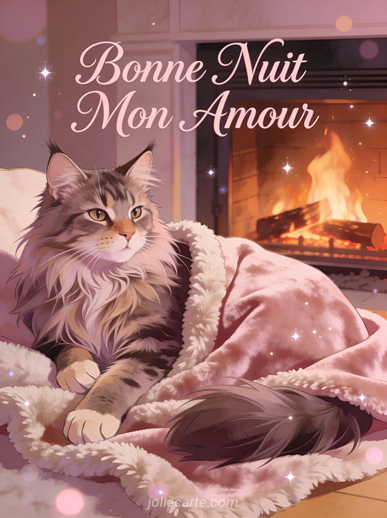 Chat maine coon au pelage magnifique près d'une cheminée avec plaid texte Bonne Nuit Mon Amour