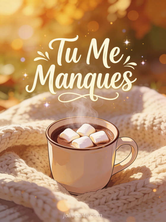 Tasse de chocolat chaud fumant avec marshmallows et couverture tricotée dans la lumière d'après-midi et texte Tu Me Manques