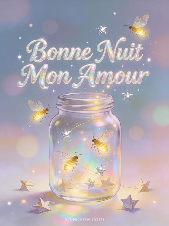 Bocal en verre avec lucioles brillantes et étoiles en papier texte Bonne Nuit Mon Amour