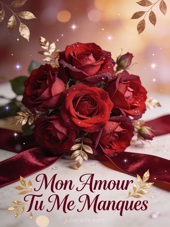 Roses rouges profondes avec gouttes de rosée et ruban de velours bordeaux dans une atmosphère élégante et texte Mon Amour Tu Me Manques